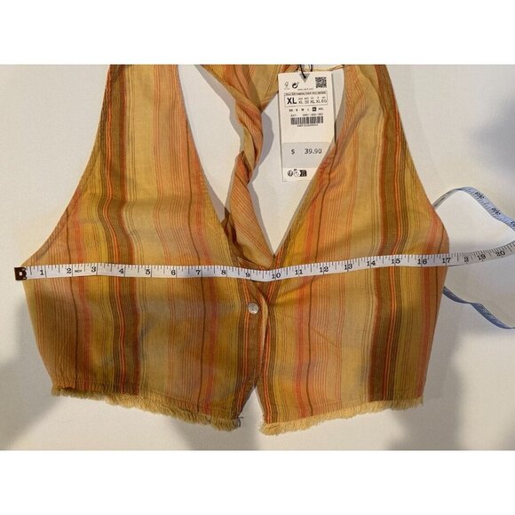 NWT ZARA Women Button Front Twist Back Crop Vest SZ XL Yellow Tan Brown Striped - Picture 7 of 8